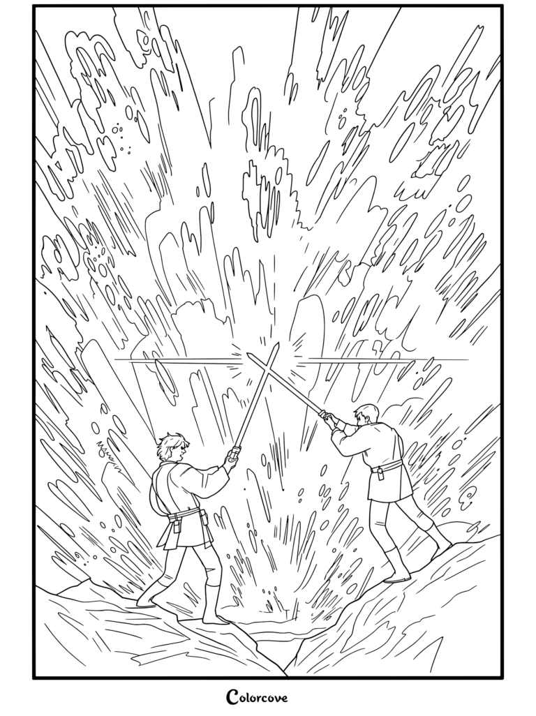 Anakin Skywalker y Obi-Wan Kenobi duelando con sables de luz azules en medio de una explosión de lava ardiente en Mustafar en una página para colorear de Star Wars