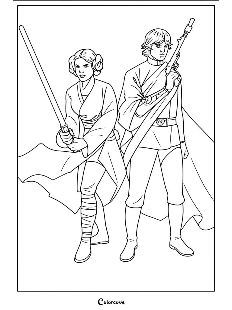 Página para colorear de Star Wars con la Princesa Leia empuñando un sable de luz azul junto a Luke Skywalker sosteniendo un bláster con atuendo blanco ceremonial