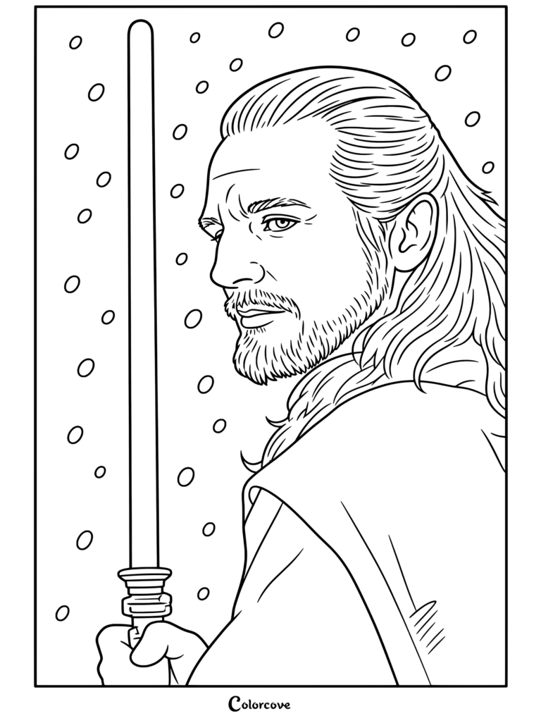 Página para colorear gratuita de Star Wars de Qui-Gon Jinn sosteniendo un sable de luz verde en un retrato