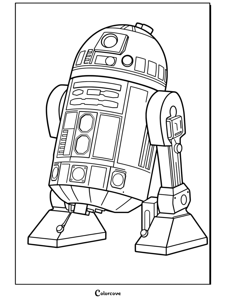 Página para colorear terminada para fans de Star Wars de droide astromecánico R2-D2 de pie sobre fondo blanco.