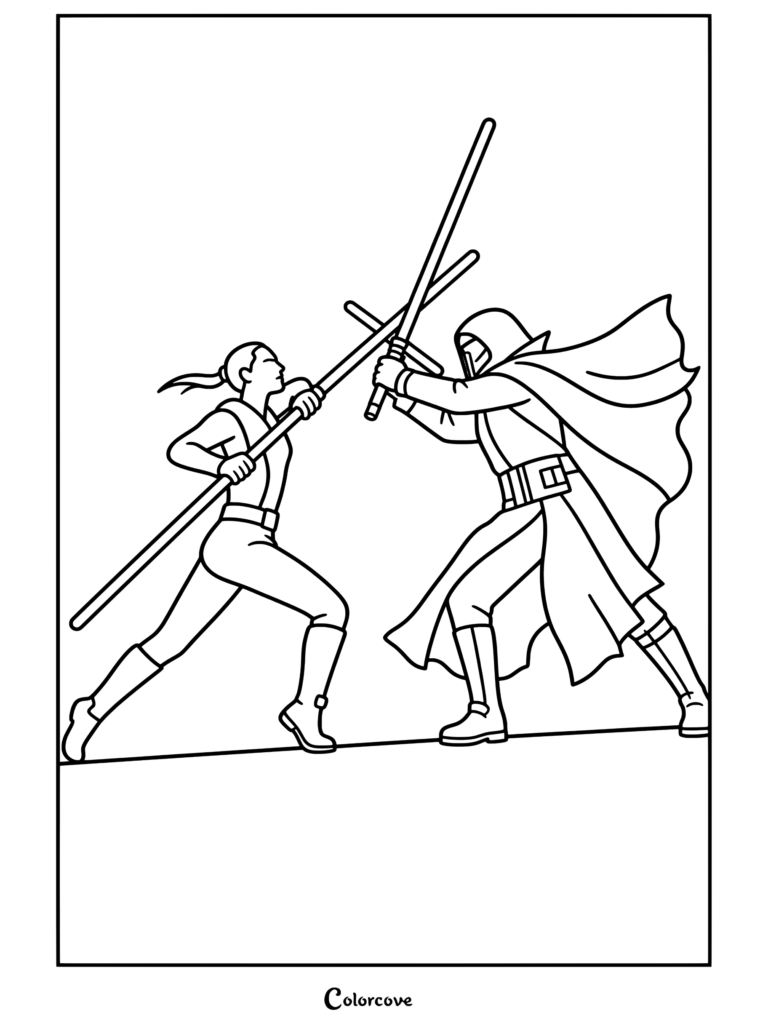 Página para colorear de duelo y enfrentamiento con sables de luz entre Rey y Kylo Ren, concepto de arte de Star Wars para niños y adultos