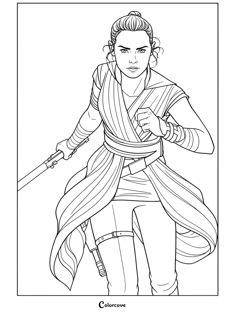 Página para colorear de Rey de Star Wars sosteniendo un sable de luz en postura defensiva con túnica blanca y cinturón marrón