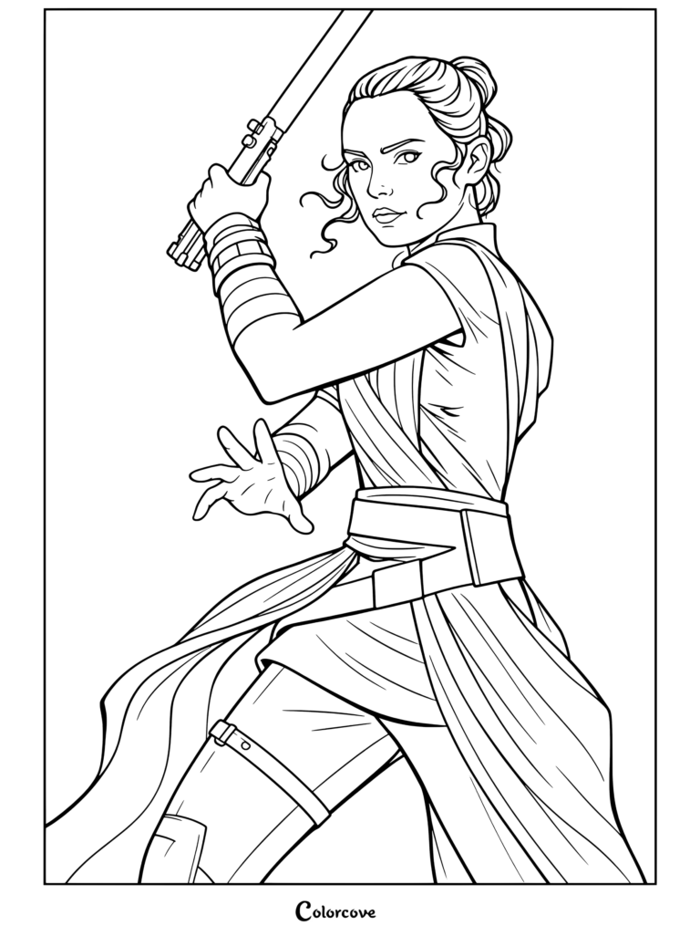 Rey sosteniendo un sable de luz azul en postura defensiva vistiendo el atuendo blanco de tfa en una página para colorear de Star Wars para fanáticos.