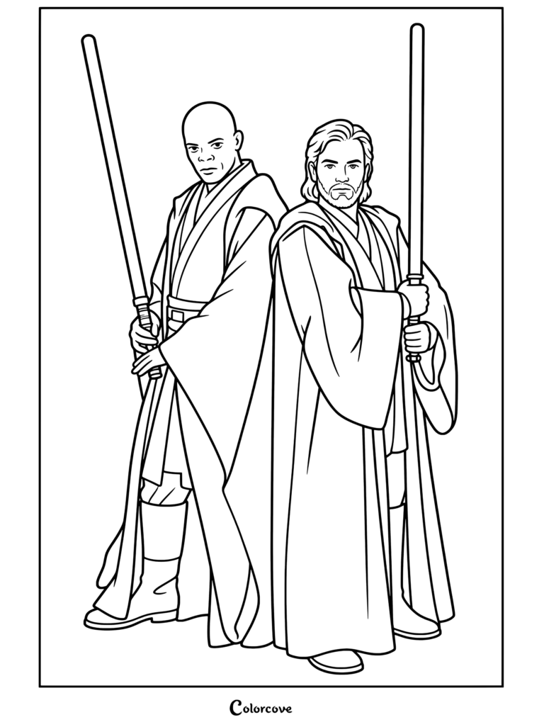 Página para colorear de Star Wars con Samuel L. Jackson como Mace Windu y Ewan McGregor como Obi-Wan Kenobi sosteniendo sables de luz con túnicas Jedi