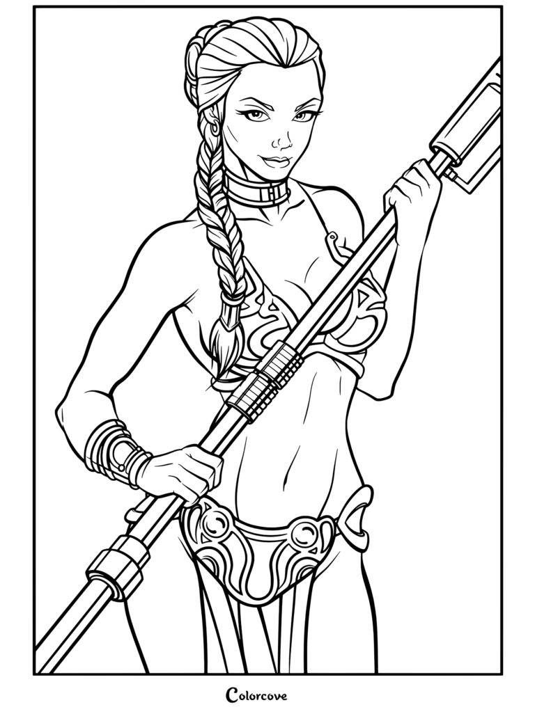 Leia Esclava sosteniendo un bastón en esta página para colorear de Star Wars.