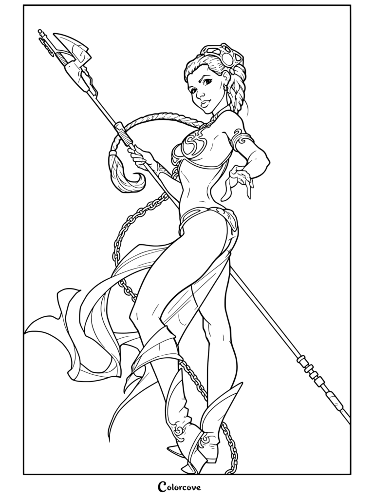 Página para colorear detallada de Leia Esclava de Star Wars con la Princesa Leia en su icónico bikini metálico sosteniendo un bastón largo.