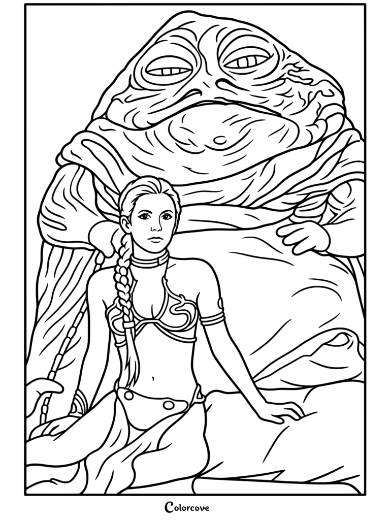 Página para colorear gratuita de Star Wars con la Princesa Leia en su icónico bikini metálico sentada frente a Jabba el Hutt.