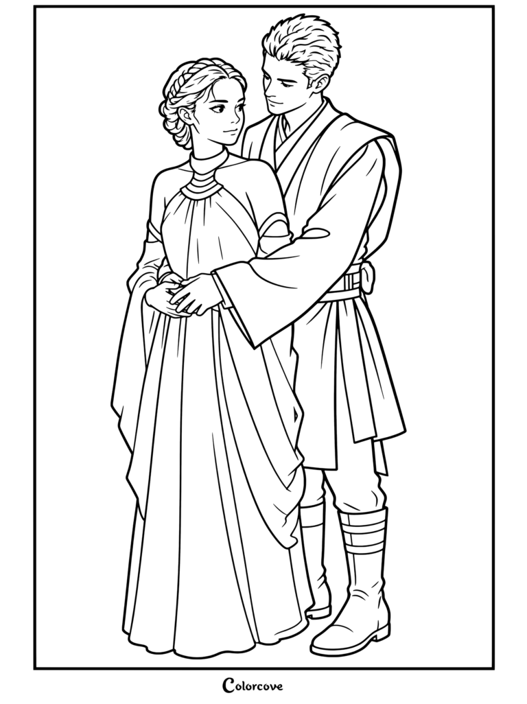 Página para colorear de Star Wars con Anakin Skywalker y Padmé Amidala abrazándose con el atuendo del Episodio II: El Ataque de los Clones