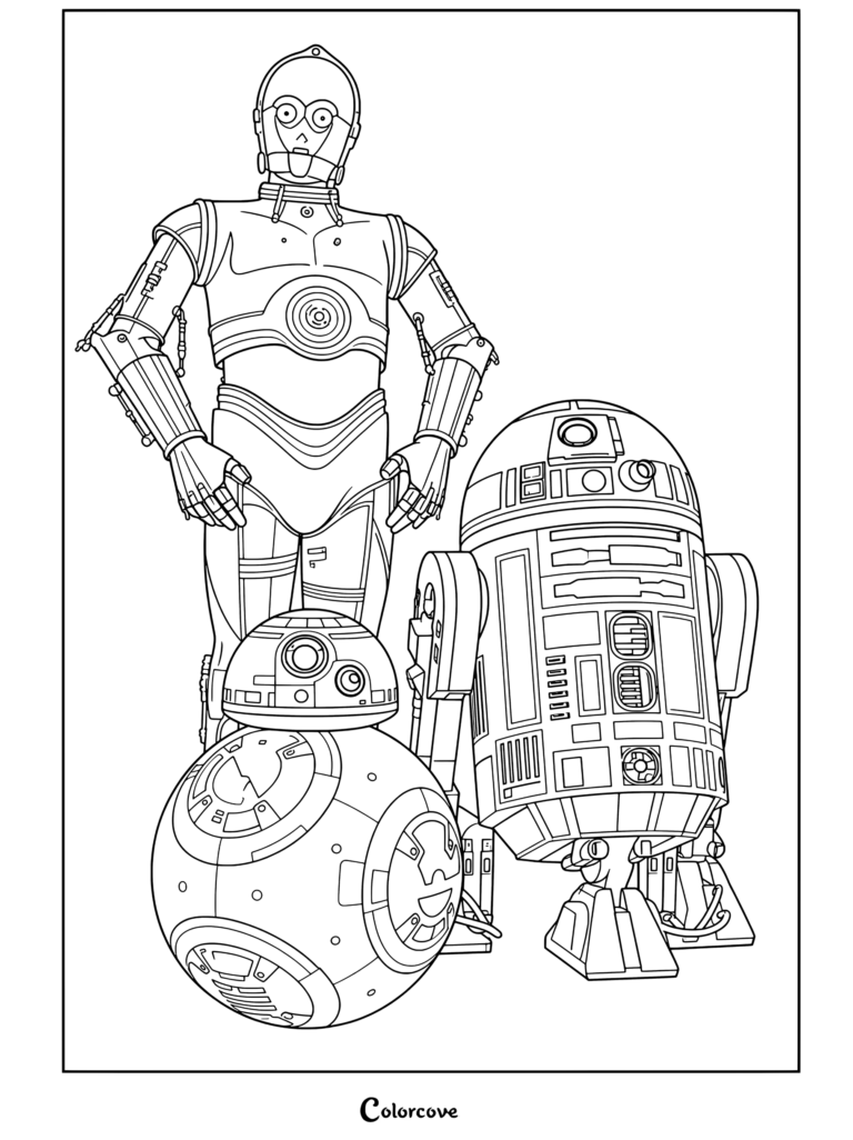 Página para colorear de Star Wars imprimible con C-3PO, R2-D2 y BB-8 de pie juntos sobre un fondo dorado.