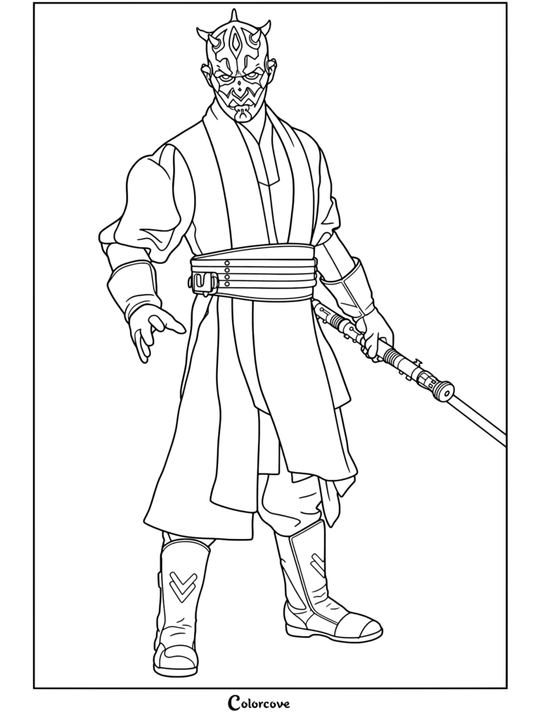 Página para colorear de Star Wars de Darth Maul de pie sosteniendo una empuñadura de sable de luz con túnicas y brazales negros.