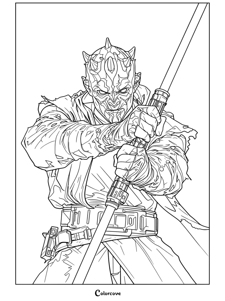 Página para colorear de Star Wars de Darth Maul sosteniendo un sable de luz rojo de doble hoja en postura de combate defensiva.