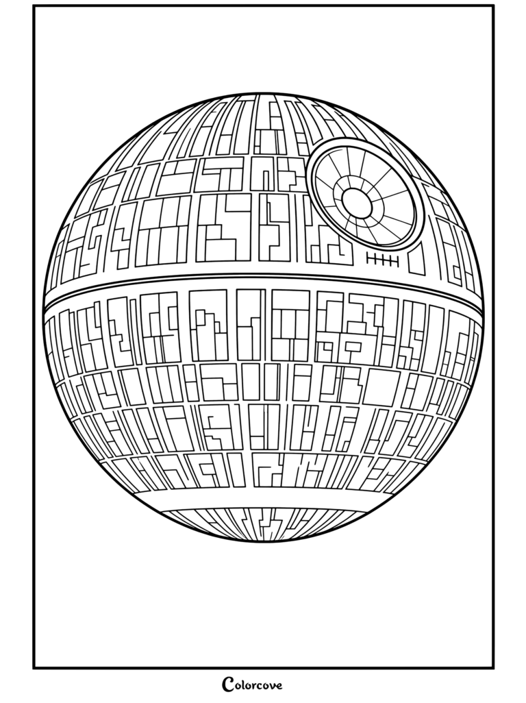 Página para colorear detallada de la estación de batalla orbital DS-1 de Star Wars Estrella de la Muerte con el icónico plato de superláser.