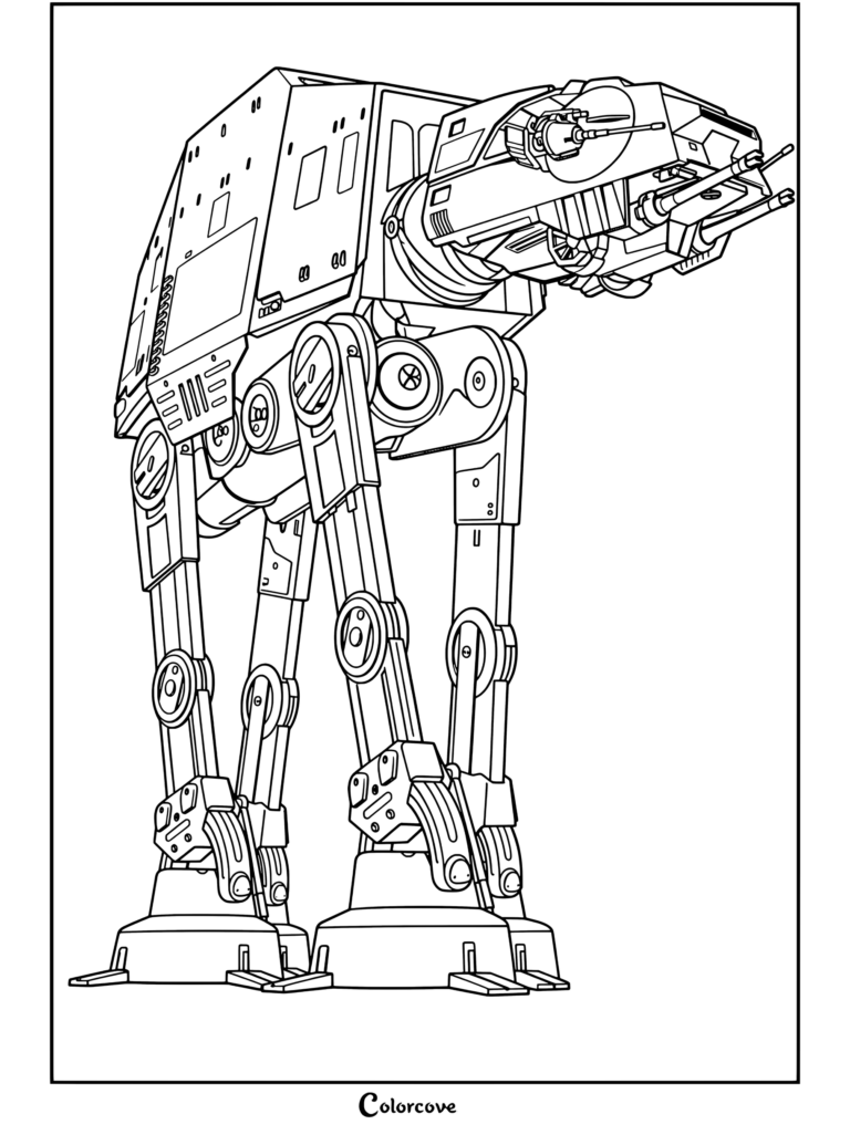 Página para colorear detallada desde ángulo bajo de un Caminante AT-AT imperial de Star Wars, mostrando su gran cuerpo blindado y cuatro patas mecánicas altas.