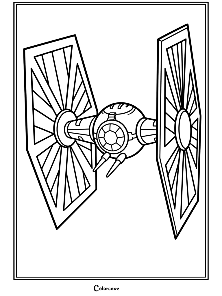Página para colorear de Star Wars de un caza TIE imperial disparando blásteres láser verdes en vuelo.
