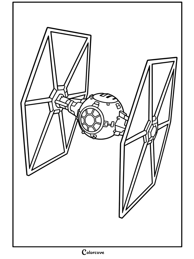 Página para colorear de caza estelar TIE de el Imperio en Star Wars con paneles solares hexagonales y cabina esférica.