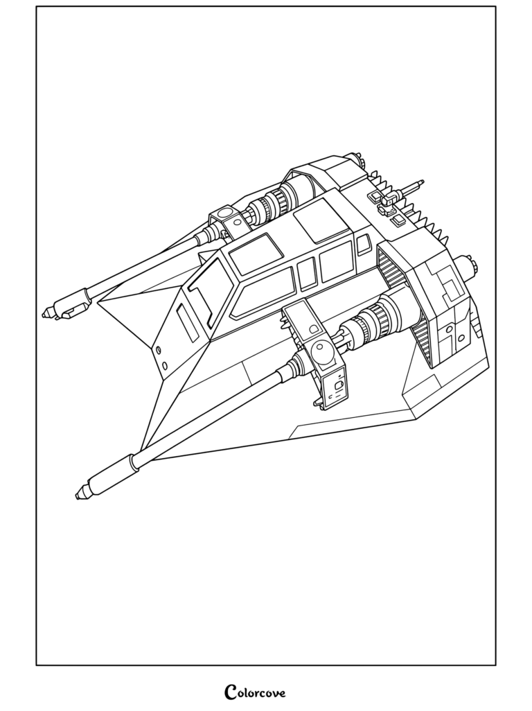 Página para colorear para niños y fans de dibujo de concepto artístico detallado de deslizador de nieve de Star Wars con marcas rojas y cañones dobles.