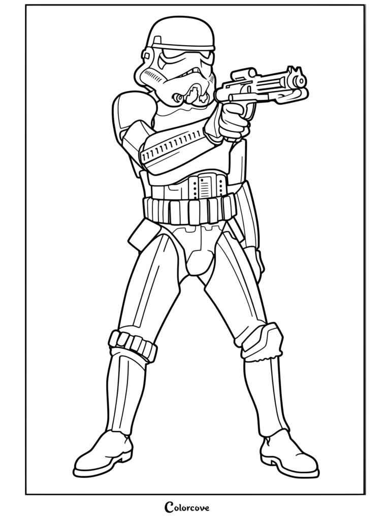 Página para colorear de Star Wars con un soldado de asalto con armadura blanca sosteniendo una pistola bláster y apuntando hacia adelante