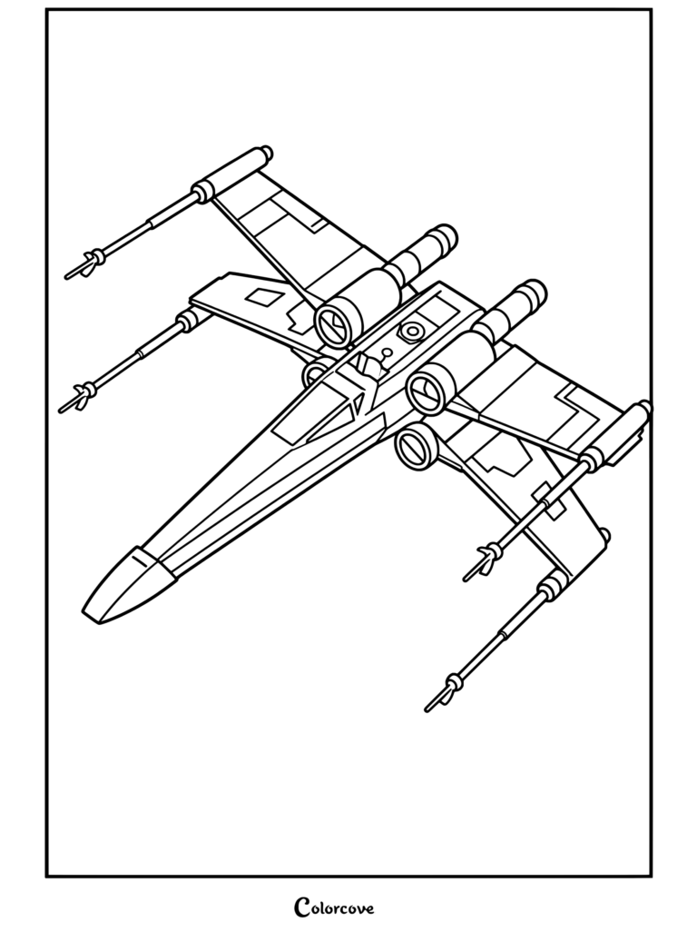 Página para colorear de un caza estelar T-65B Ala-X de Star Wars imprimible en vuelo con alas en posición de ataque.