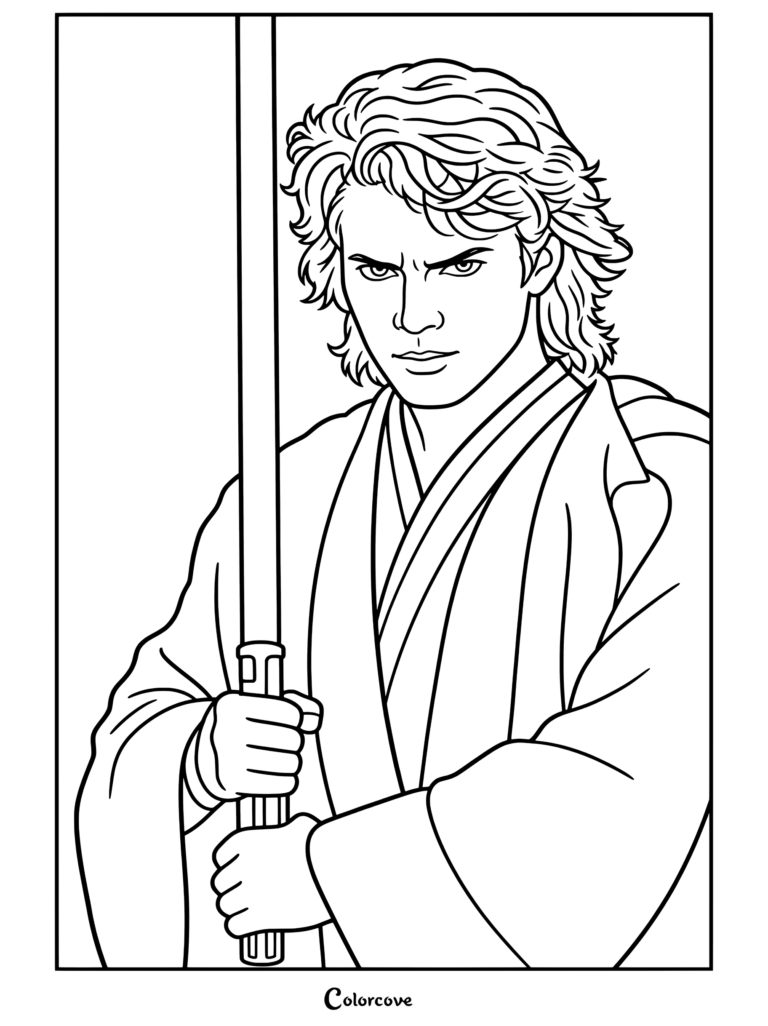 Página para colorear gratuita de Star Wars de Anakin Skywalker sosteniendo un sable de luz y vistiendo túnicas Jedi con una expresión decidida.
