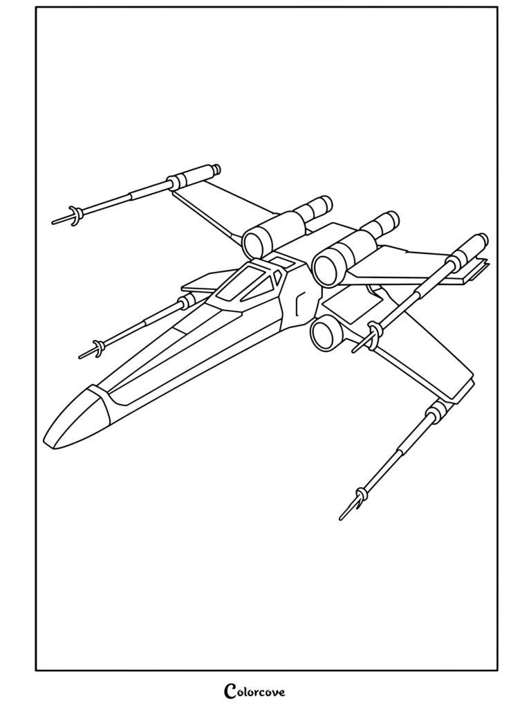 Página para colorear detallada de Star Wars de un caza estelar T-65 Ala-X con sus alas bloqueadas en posición de ataque.