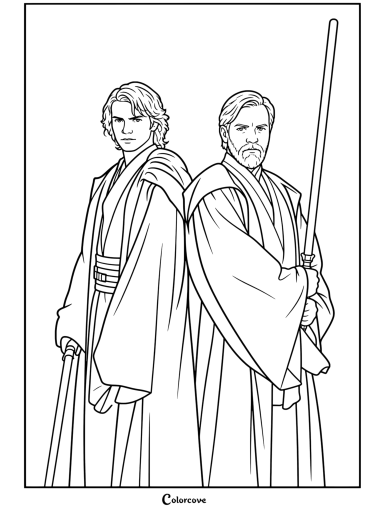 Página para colorear de Anakin Skywalker y Obi-Wan Kenobi de Star Wars de pie espalda con espalda con sus túnicas Jedi y sables de luz