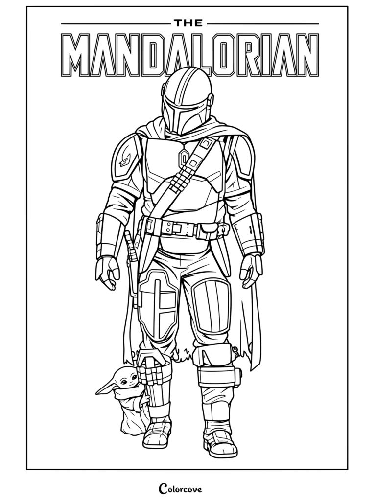 Página para colorear de Star Wars de El Mandaloriano Din Djarin con armadura de beskar erguido con Grogu baby Yoda a su lado.