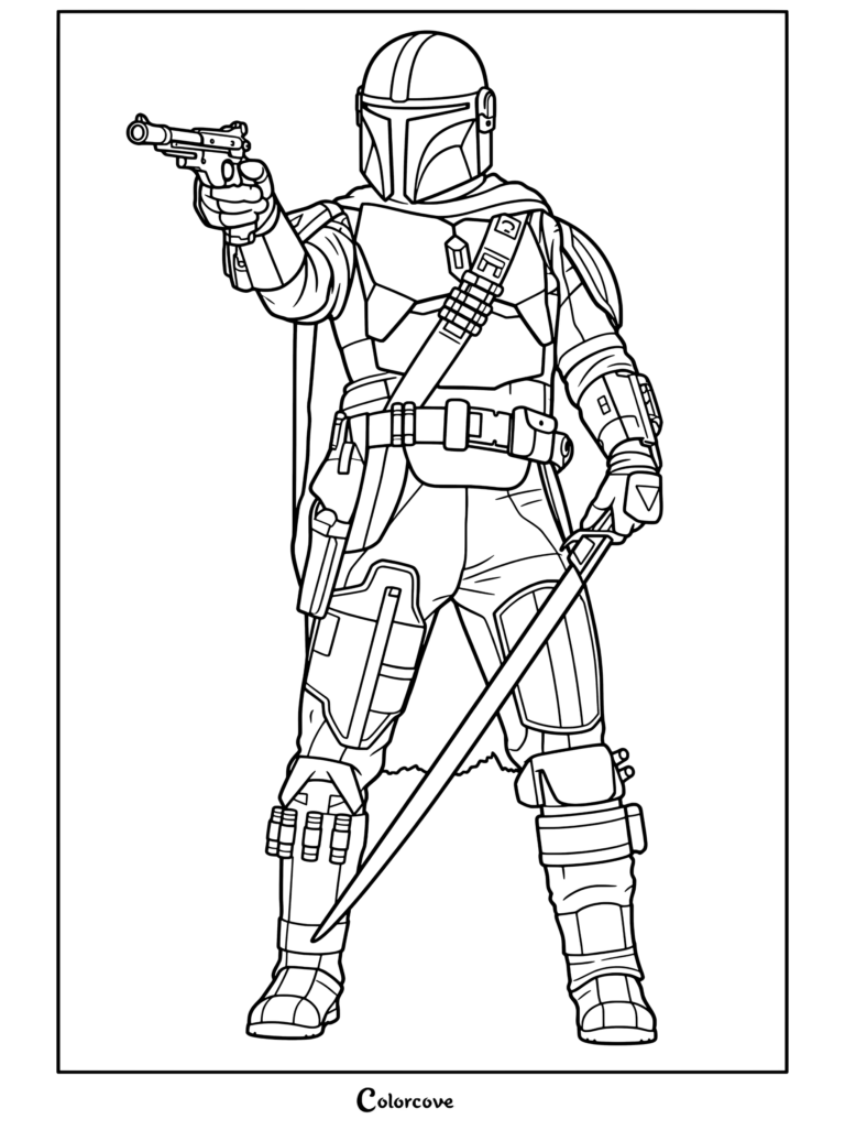 Página para colorear de Star Wars para imprimir de El Mandaloriano sosteniendo una pistola bláster y un Dable Sable Oscuro con armadura de beskar.