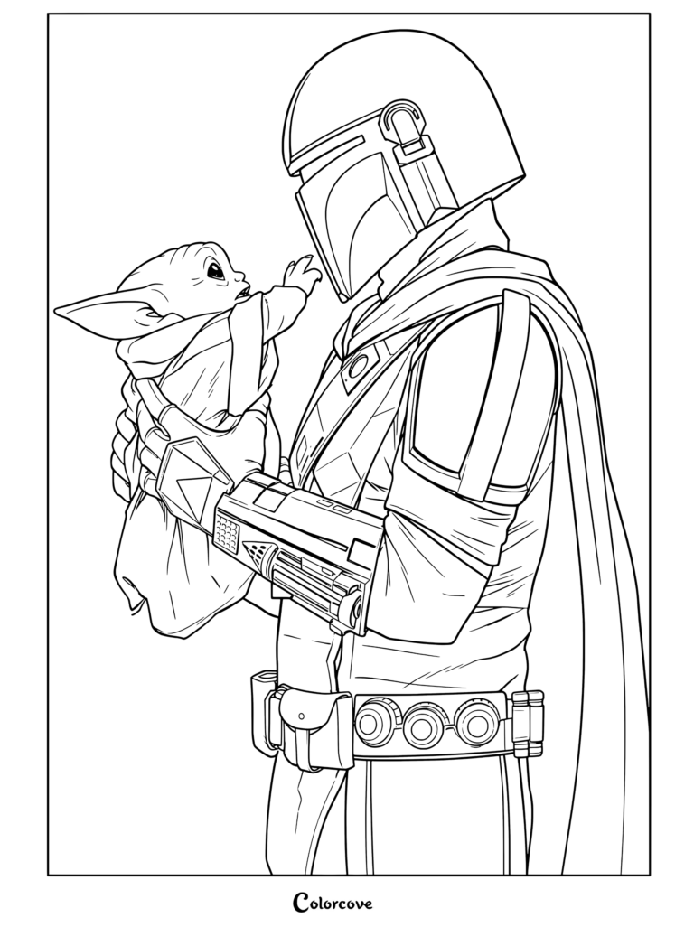 El Mandaloriano sosteniendo a Grogu mientras lo mira con ternura en una página para colorear de arte cómico de Star Wars