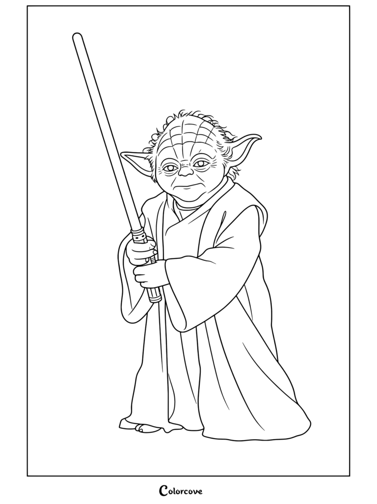Página para colorear de Star Wars de Yoda sosteniendo un sable de luz verde brillante con túnicas Jedi