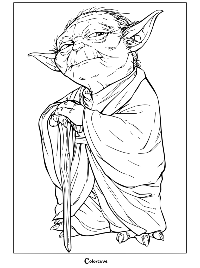 Página para colorear de Star Wars de Yoda de pie apoyado en un bastón de madera gimer y túnicas Jedi