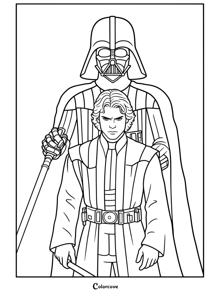 Página para colorear gratuita de Star Wars de Anakin Skywalker con túnicas oscuras de pie frente a Darth Vader sosteniendo un sable de luz azul