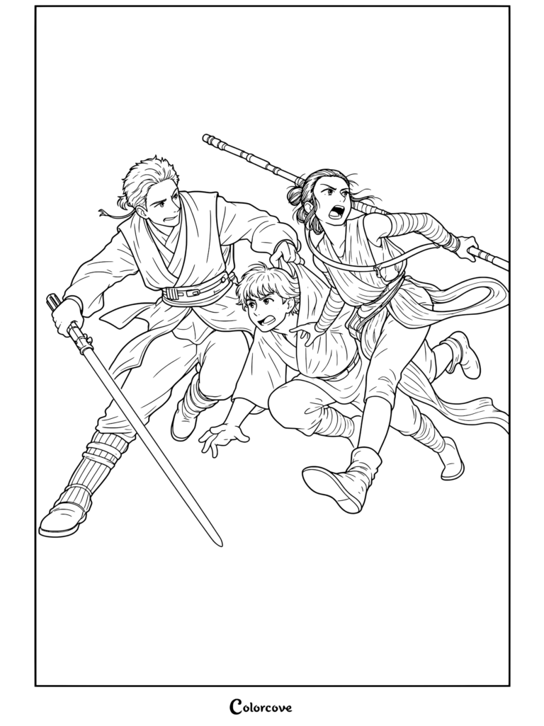 Anakin Skywalker, Luke Skywalker y Rey corriendo juntos hacia la batalla con sable de luz y bastón en una página para colorear de Star Wars