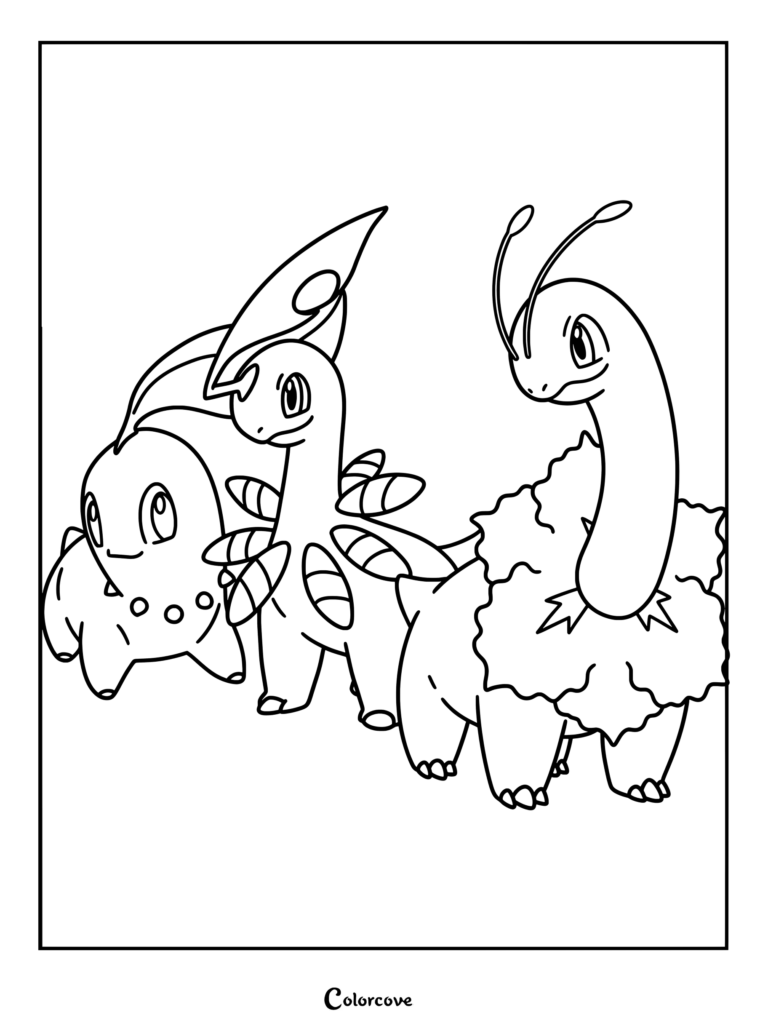 Coloriage de Pokémon de départ présentant la ligne d'évolution de Germignon avec Germignon, Macronium et Méganium.