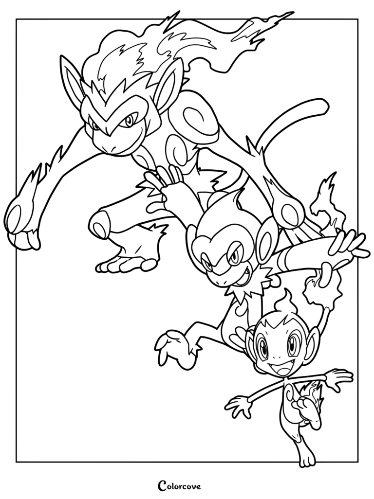 Coloriage de Pokémon de départ de la ligne d'évolution d'Ouisticram présentant Ouisticram, Chimpenfeu et Simiabraz.