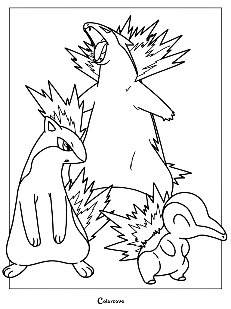 Coloriage de Pokémon de départ de la ligne d'évolution d'Héricendre montrant Héricendre, Feurisson et Typhlosion.