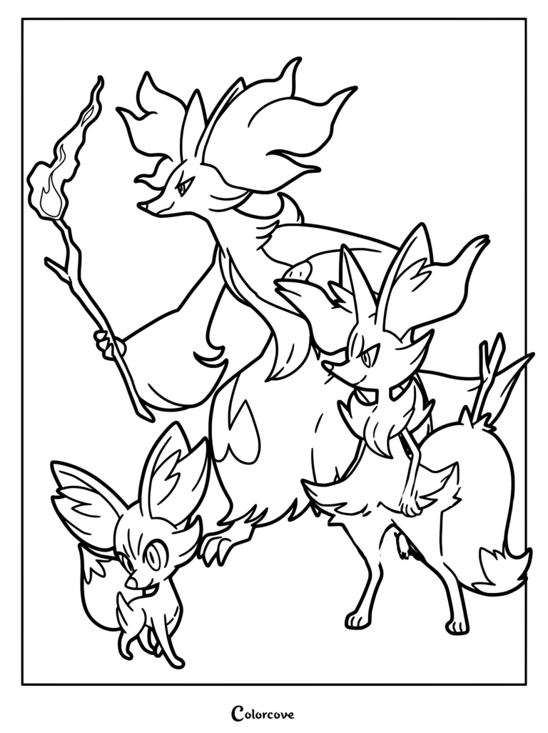 Coloriage de Pokémon de départ de la ligne d'évolution de Feunnec présentant Feunnec, Roussil et Goupelin.