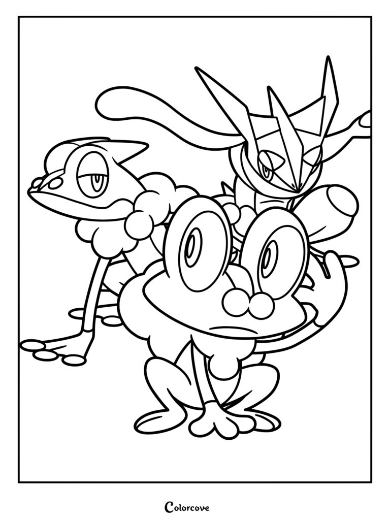 Coloriage de Pokémon de départ de la ligne d'évolution de Grenousse présentant Grenousse, Croâporal et Amphinobi.