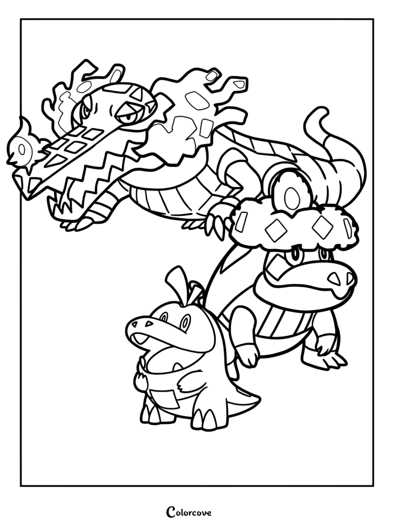 Page de coloriage de Pokémon de départ présentant la ligne d'évolution complète de Chochodile, de Chochodile à Crockelcro et Flâmigator.