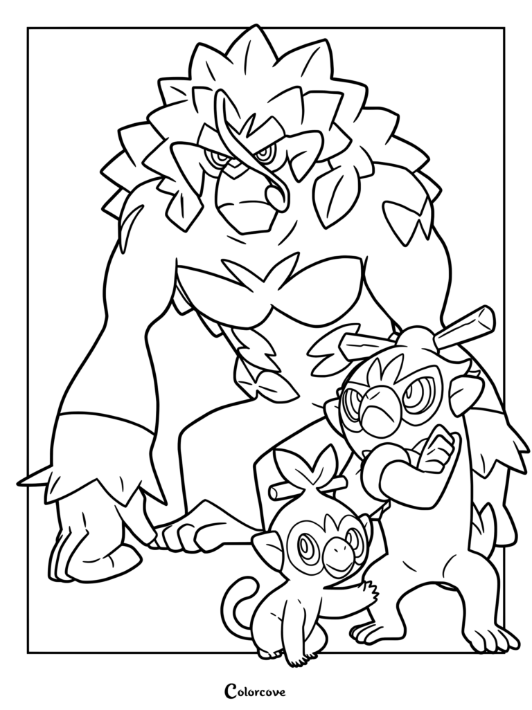 Page de coloriage du Pokémon de départ Ouistempo et de sa ligne d'évolution montrant Ouistempo, Badabouin et Gorythme.