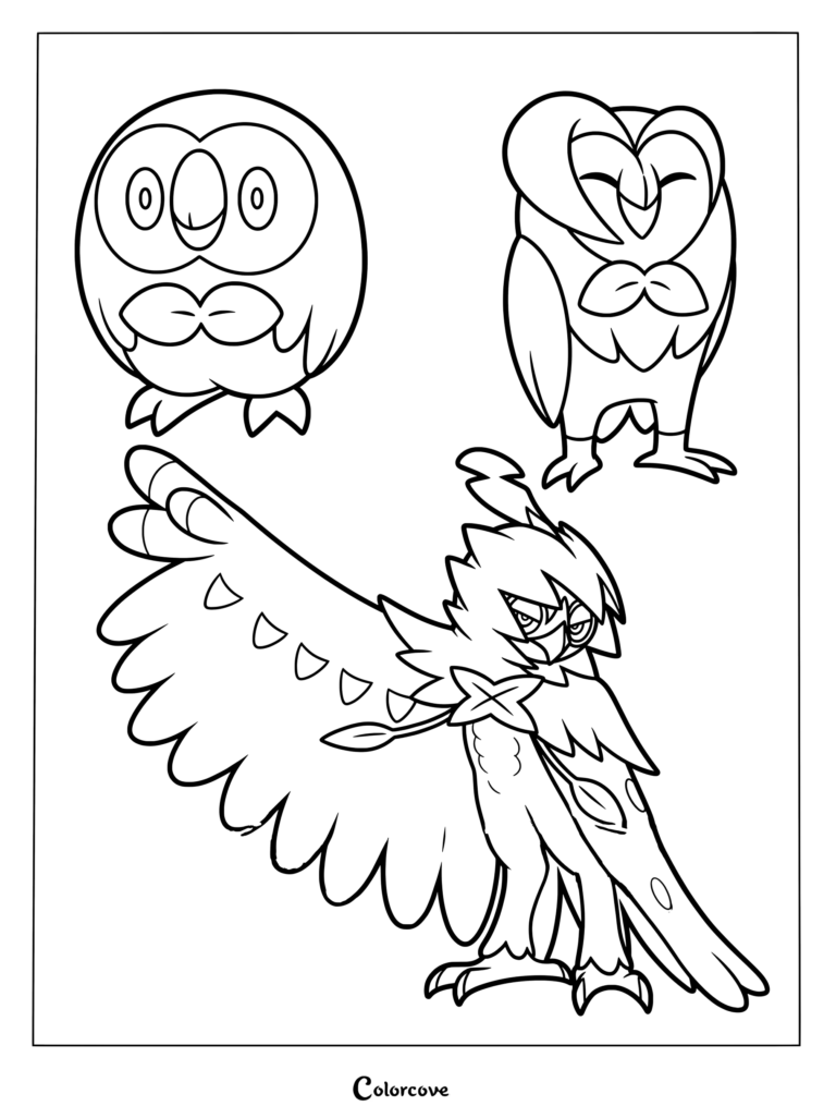 Coloriage de Pokémon de départ de la ligne d'évolution de Brindibou montrant Brindibou, Efflèche et Archéduc.