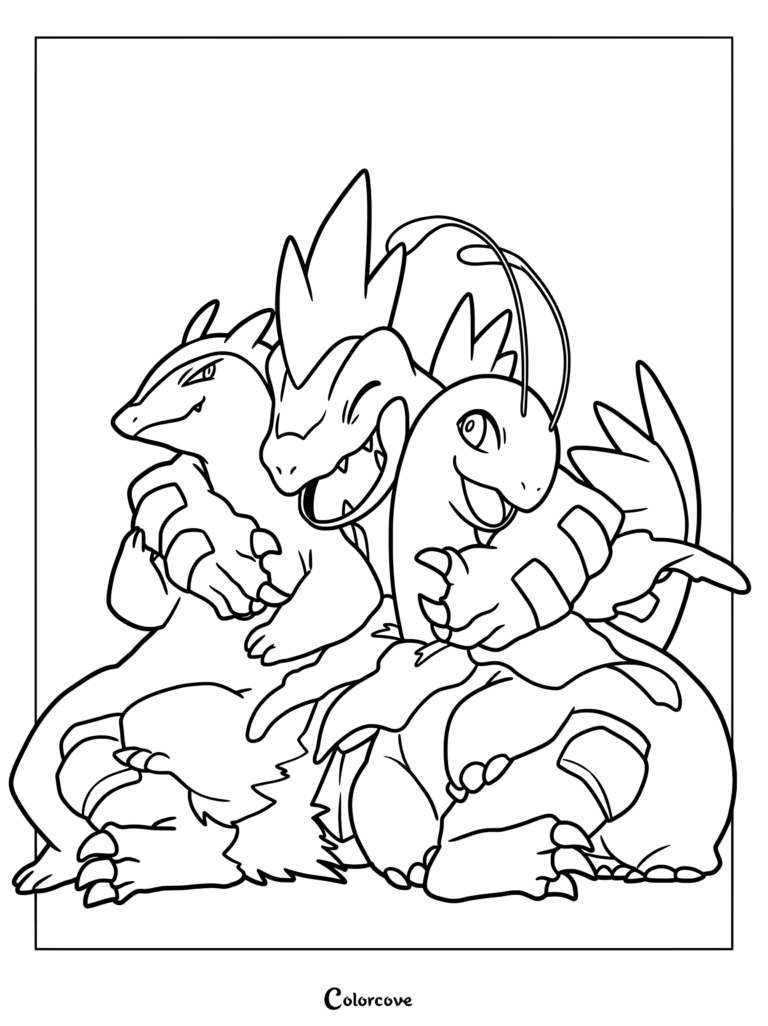 Coloriage de Pokémon de départ présentant Méganium, Typhlosion et Aligatueur avec le trio qui s'embrasse.