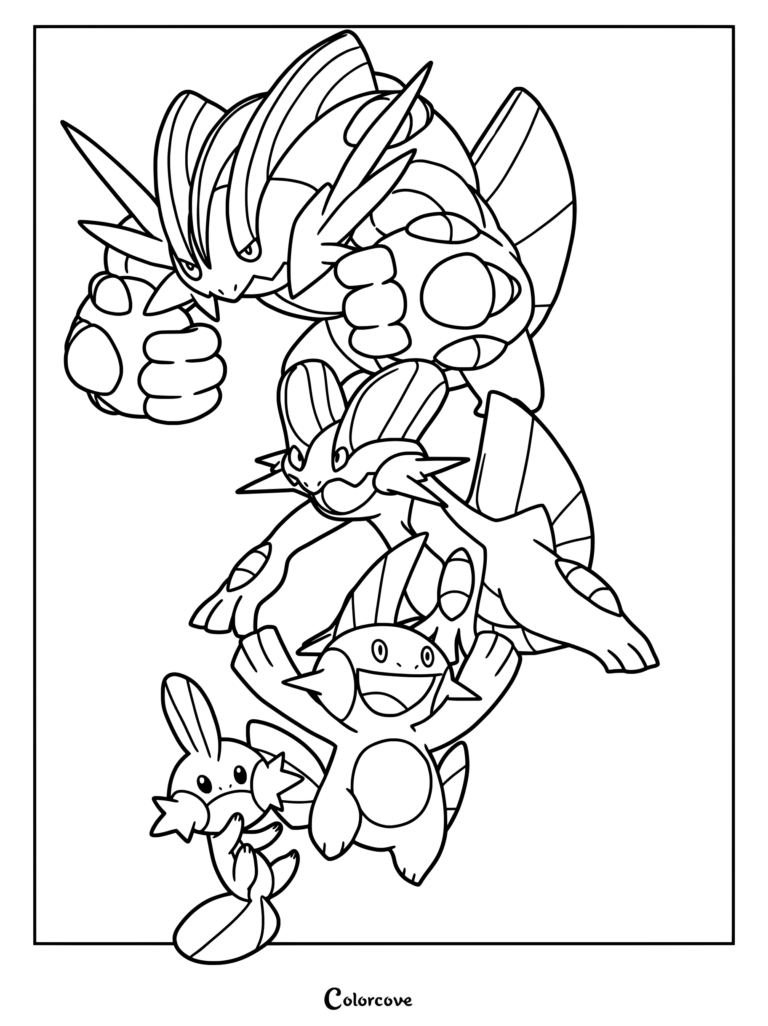 Coloriage imprimable présentant la ligne d'évolution du Pokémon de départ Gobou avec Méga-Laggron.