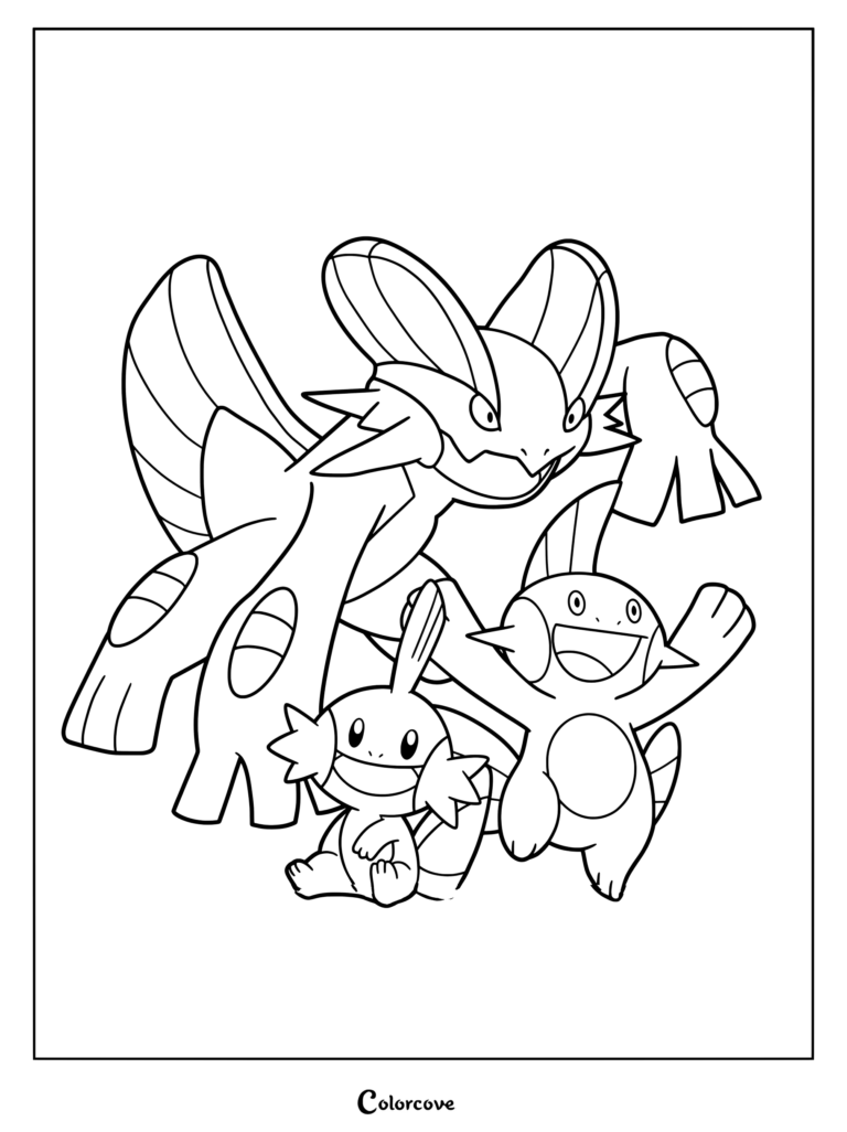 Coloriage de Pokémon de départ de la ligne d'évolution de Gobou montrant Gobou, Flobio et Laggron.