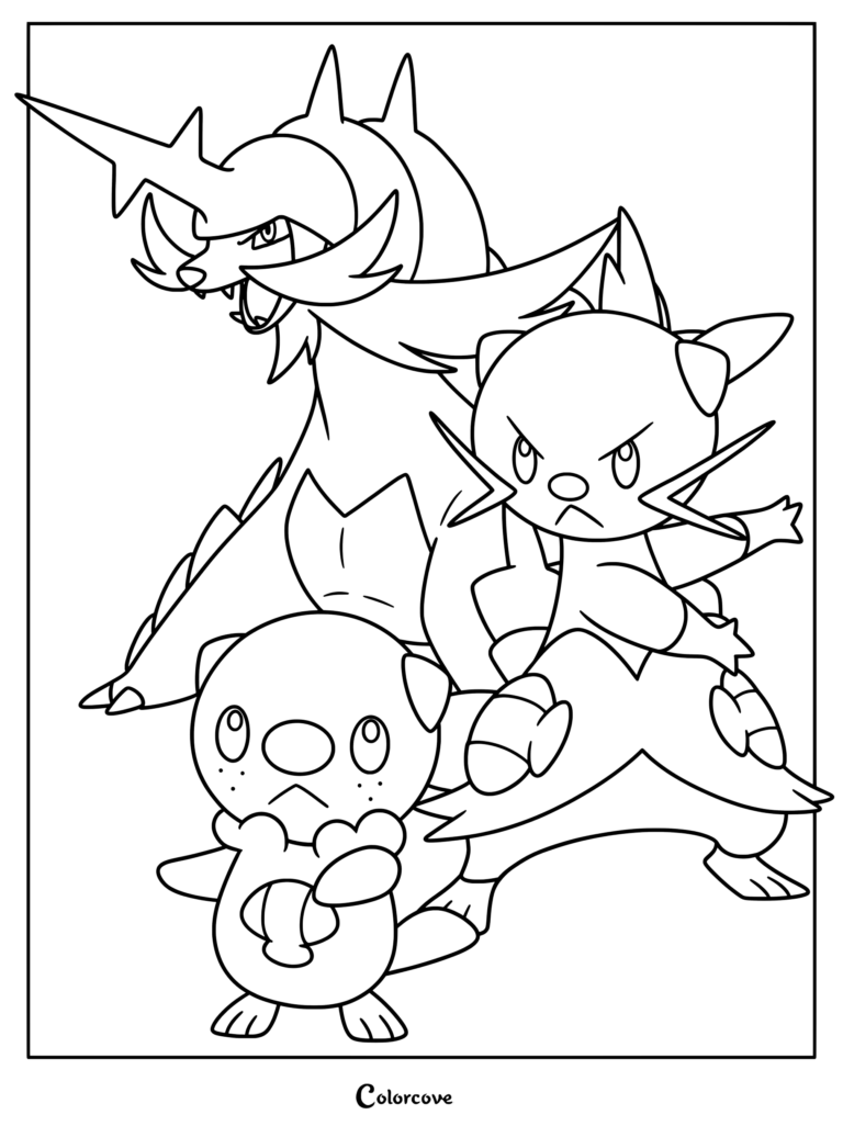 Coloriage imprimable de la ligne d'évolution de Moustillon présentant les Pokémon de départ Moustillon, Mateloutre et Clamiral.