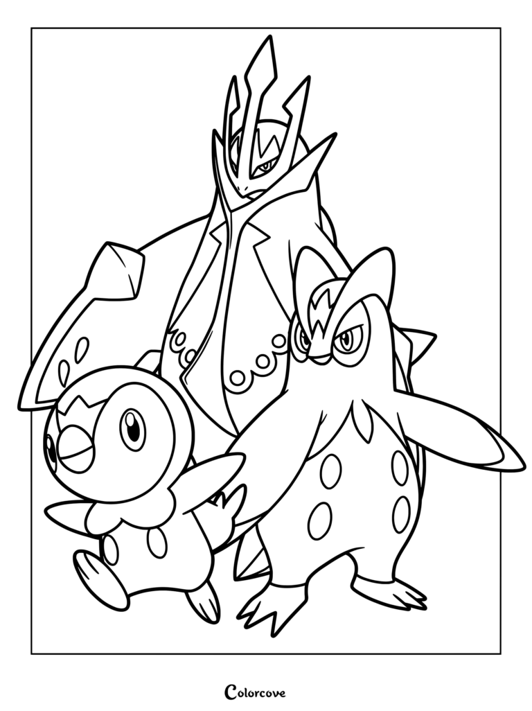 Coloriage de Pokémon de départ de la ligne d'évolution de Tiplouf présentant Tiplouf, Prinplouf et Pingoléon ensemble.