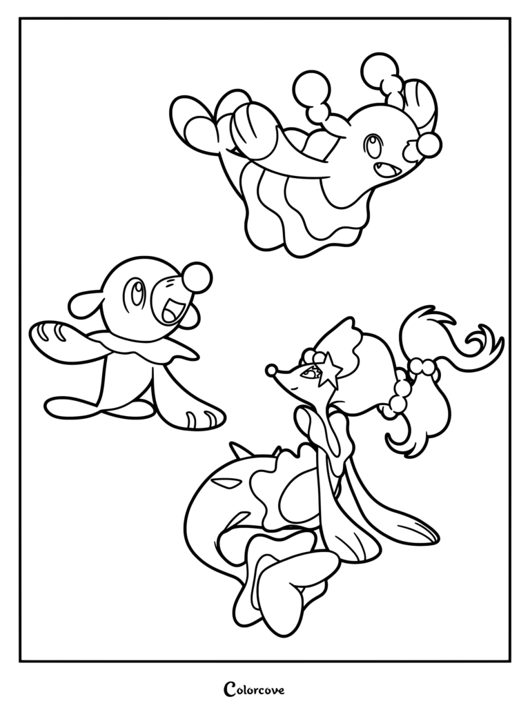 Coloriage de Pokémon de départ présentant la ligne d'évolution d'Otaquin avec Otaquin, Otarlette et Oratoria.