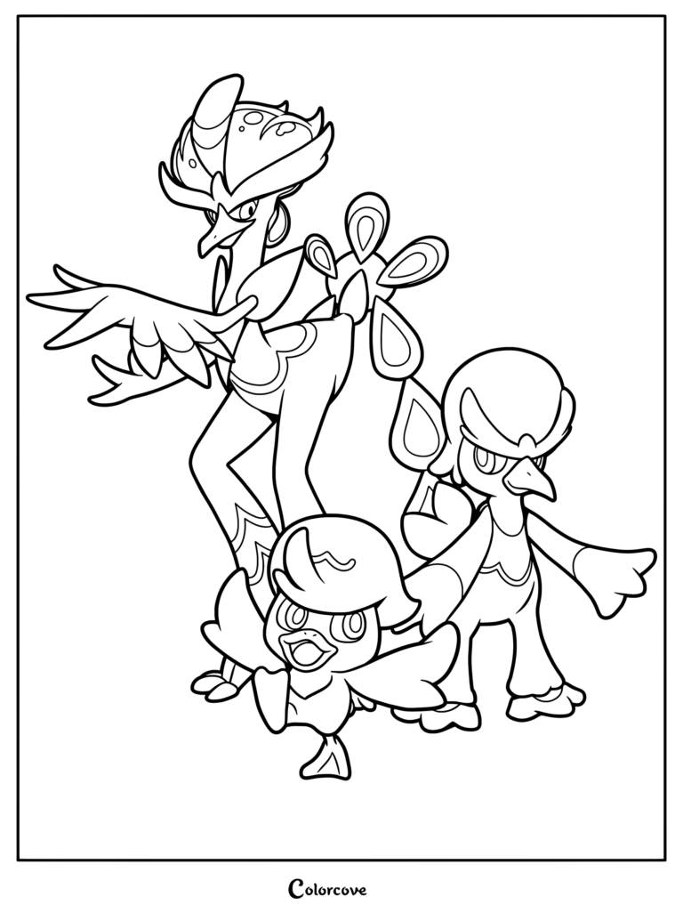 Page de coloriage de la ligne d'évolution du Pokémon de départ Coiffeton, montrant Canarbello et Palmaval.
