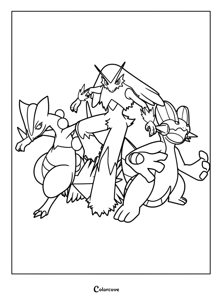 Coloriage de Pokémon de départ avec Jungko, Brasegali et Laggron.