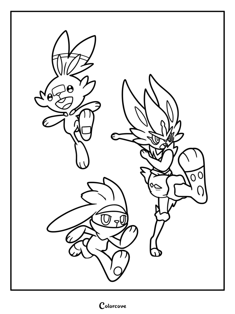 Page de coloriage du Pokémon de départ Flambino et de sa ligne d'évolution montrant Flambino, Lapyro et Pyrobut.