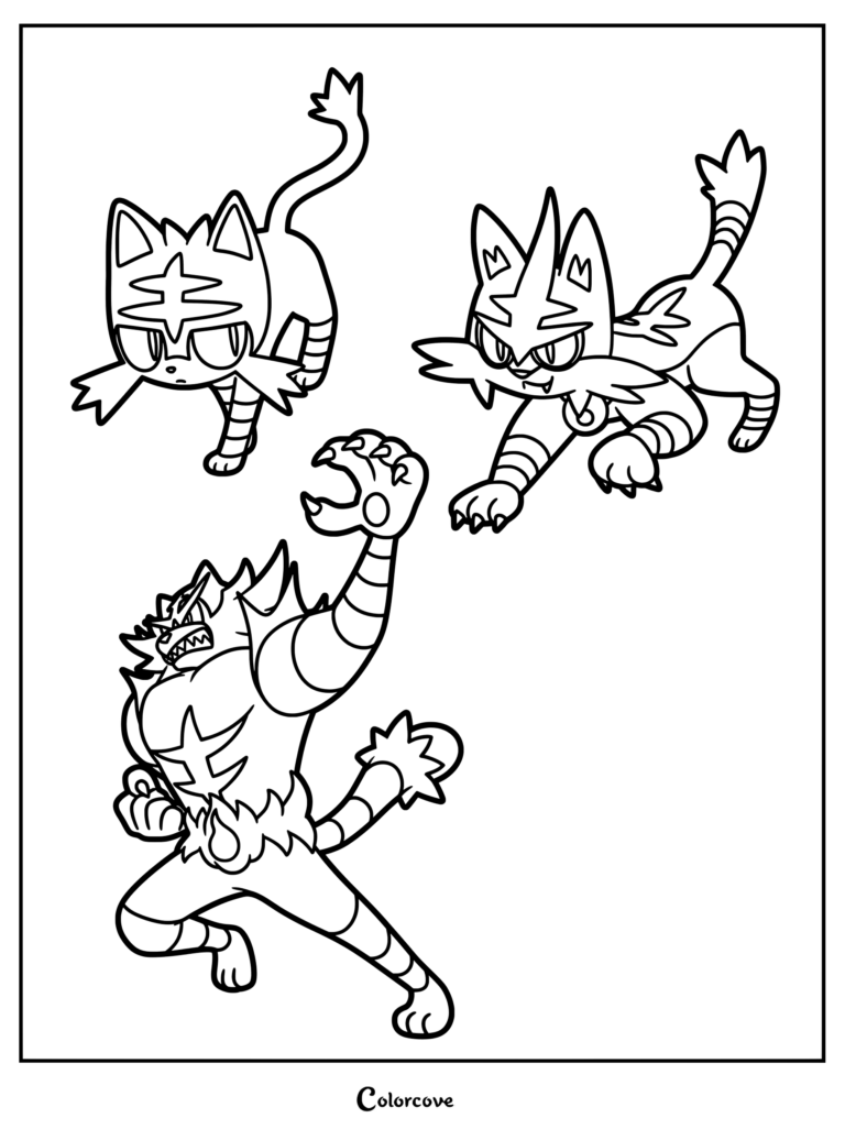 Coloriage de Pokémon de départ de la ligne d'évolution de Flamiaou présentant Flamiaou, Matoufeu et Félinferno dans des poses dynamiques.